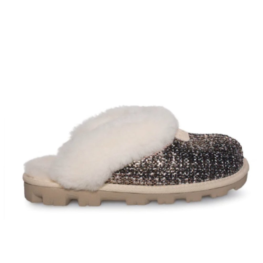 Ugg Coquette Frill Bronze Rose Gold Leather Sheepskin Fluff Slippers Sz 7
